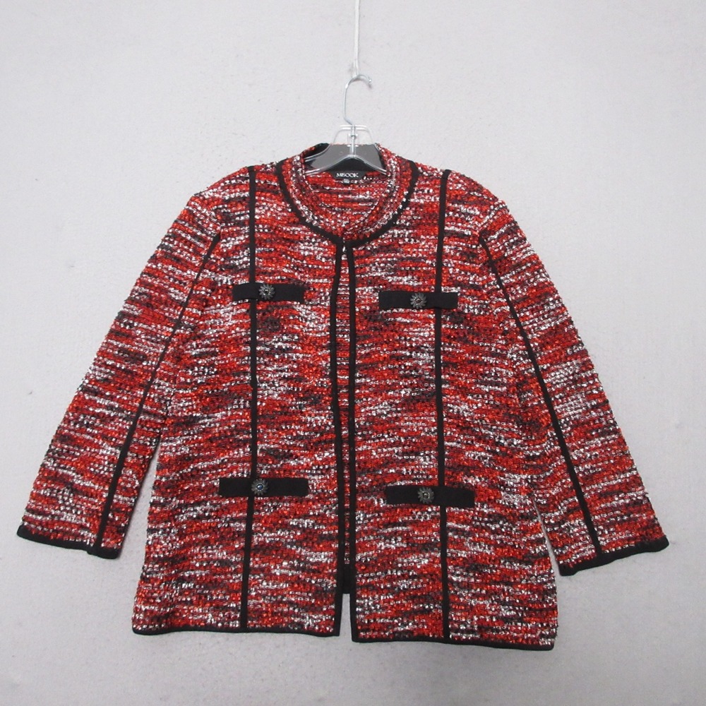 Misook Sweater Blazer Red Tweed Embellished Button Knit Open Cardigan Timeless